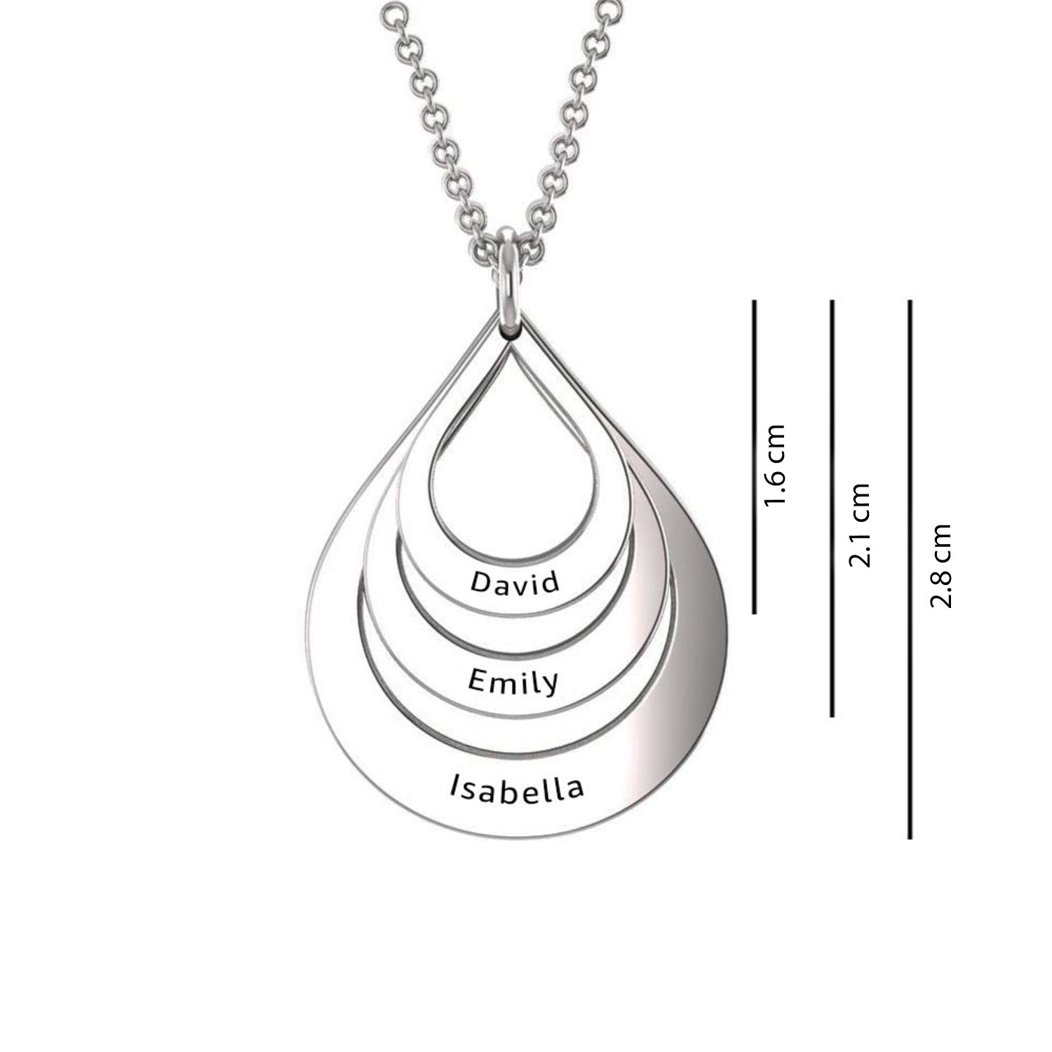 925 Sterling Silver Personalised 3 Name Family Necklace Engraved Drop Shaped Pendant Necklace for Teen Women