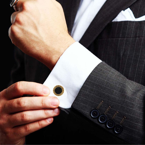 925 Sterling Silver 18K Gold-Plated Mother of Pearl Greek Key Cufflinks for Dad Father Grand-Father Men