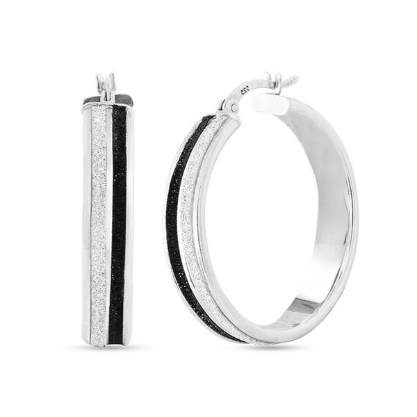 925 Sterling Silver Black Glitter Hoop Earrings for Women 30 MM