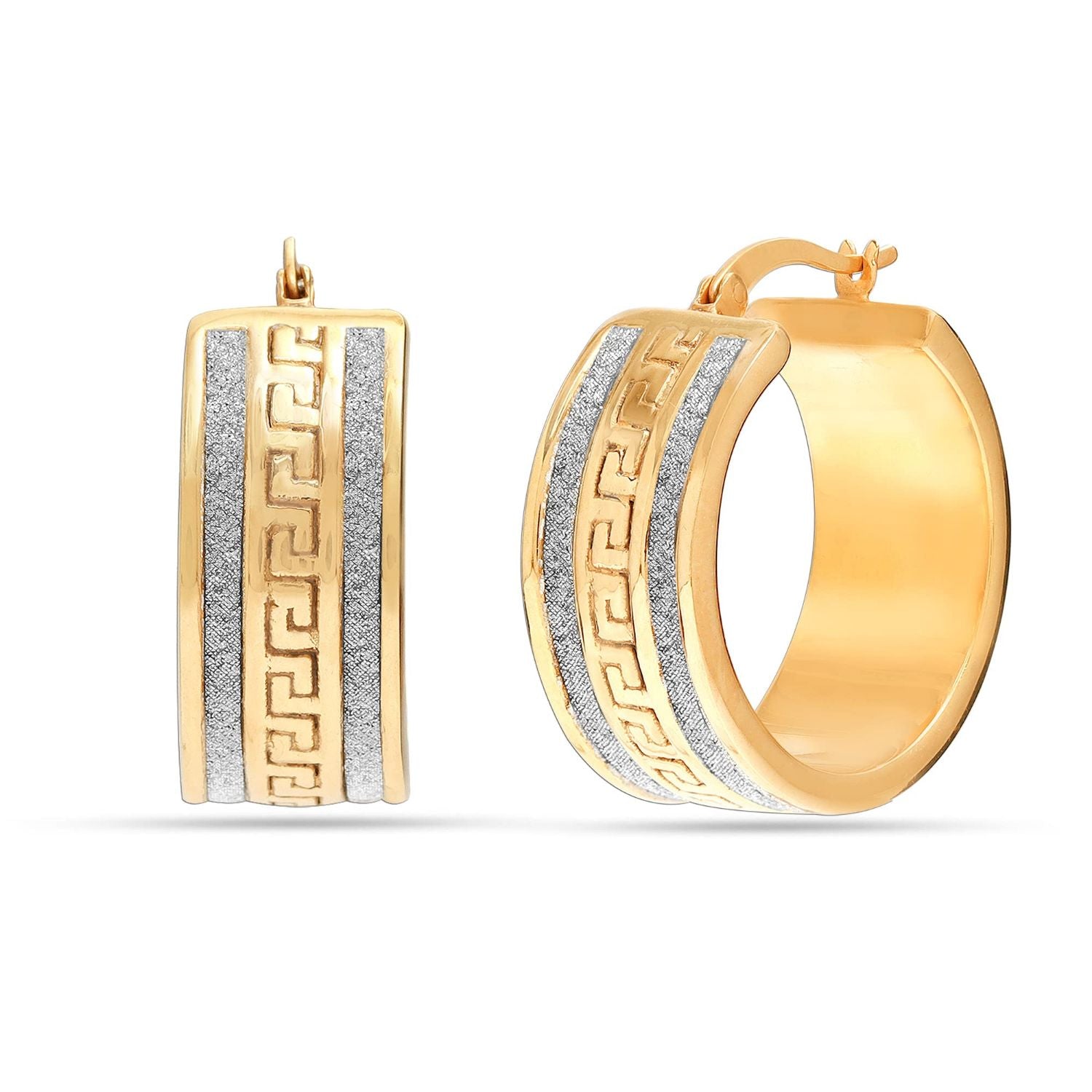 925 Sterling Silver Jewellery Yellow-Gold Glitter Greek-Key Click-Top Round Thick Hoop Earrings for Women