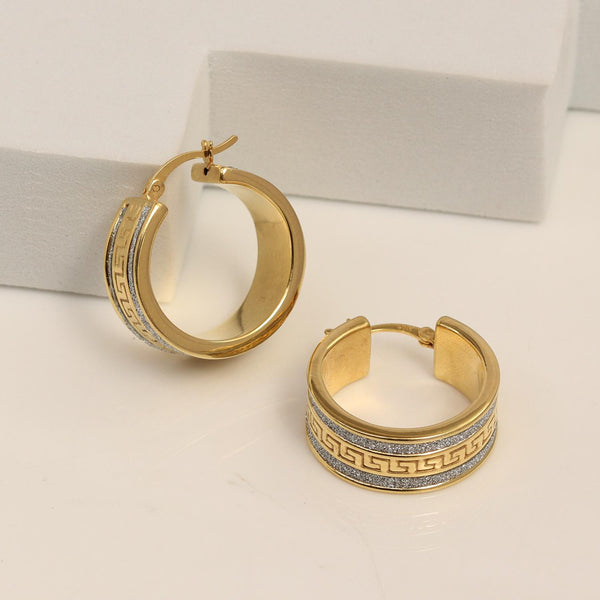 925 Sterling Silver Jewellery Yellow-Gold Glitter Greek-Key Click-Top Round Thick Hoop Earrings for Women