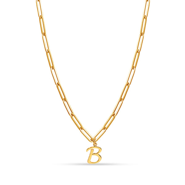 Personalised 925 Sterling Silver Yellow Gold Plated Initial Charm Paperclip Link Chain Pendant Necklace for Women