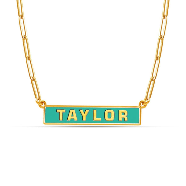 925 Sterling Silver Personalised Horizontal Enamel Bar Paperclip Link Chain Pendant Necklace for Women
