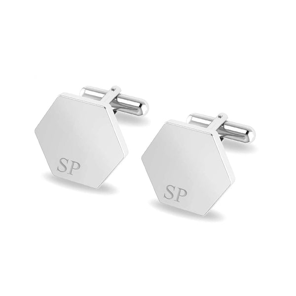925 Sterling Silver Personalised Engraved Alphabet Initial Hexagon Cufflink for Men and Boys