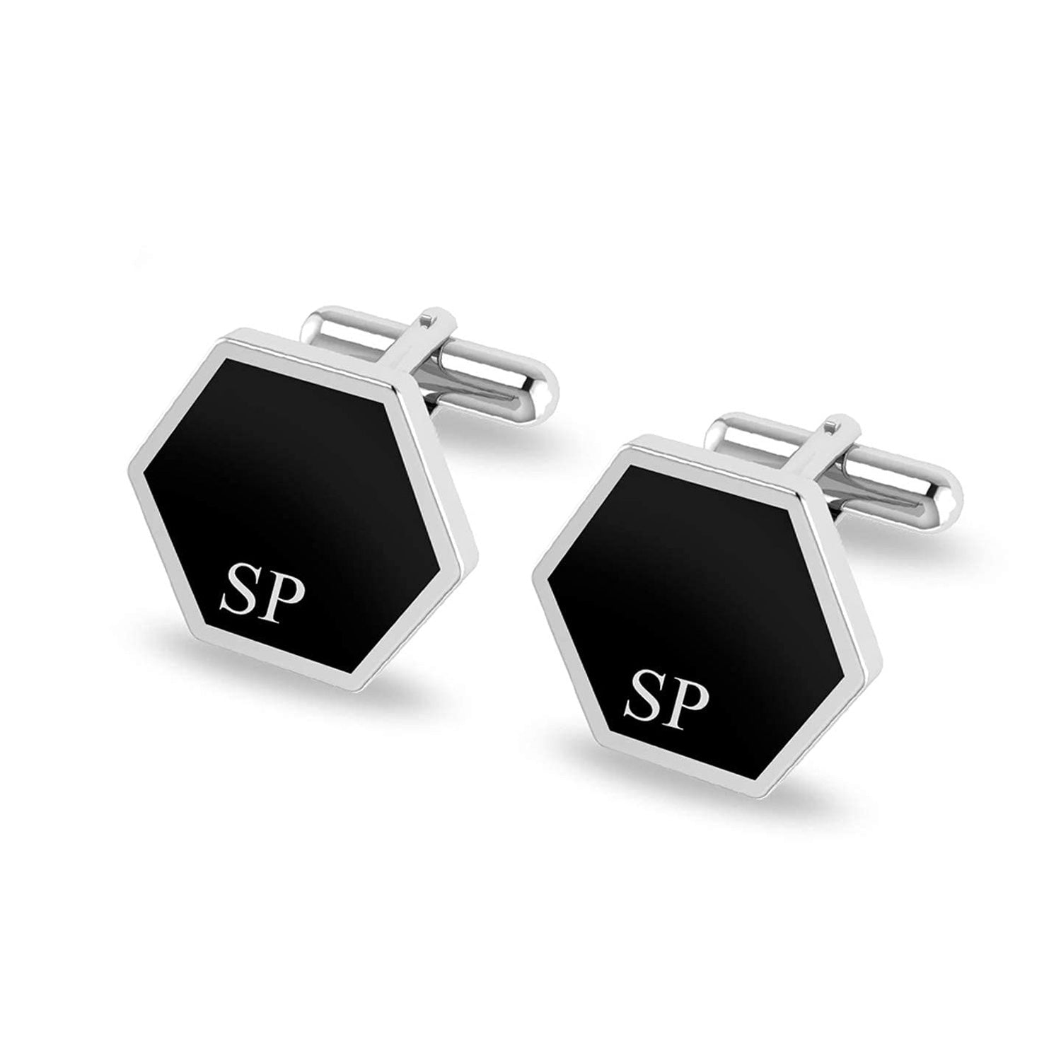 Personalised 925 Sterling Silver Alphabet Letter Initial Black Enamel Hexagon Cufflink for Men and Boys