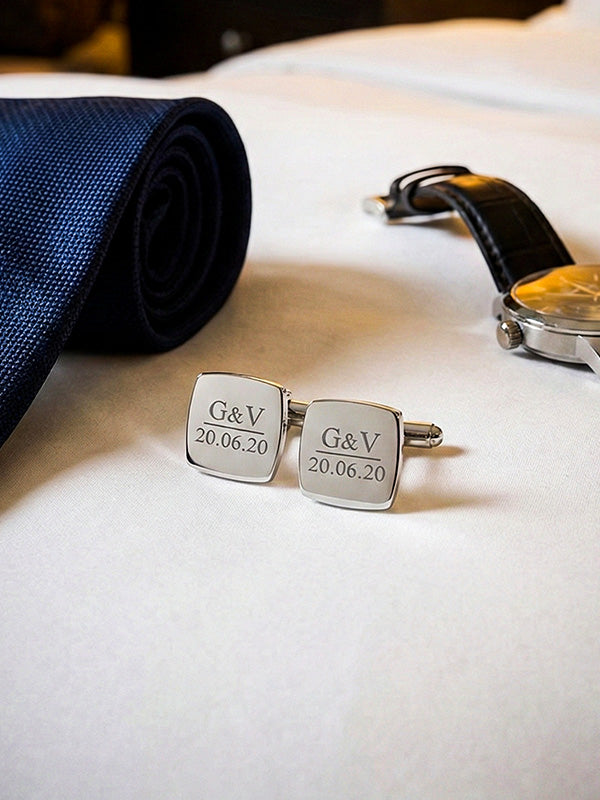 925 Sterling Silver Personalised Name and Date for Groom Engraved Square Cufflink for Men and Boys