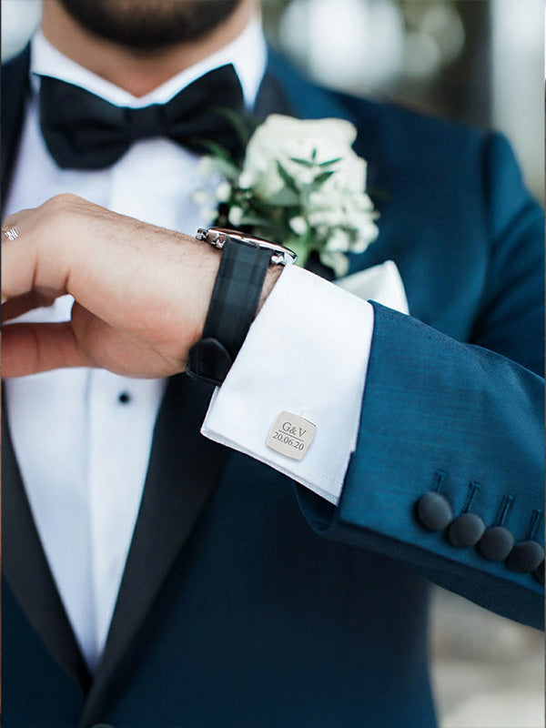 925 Sterling Silver Personalised Name and Date for Groom Engraved Square Cufflink for Men and Boys