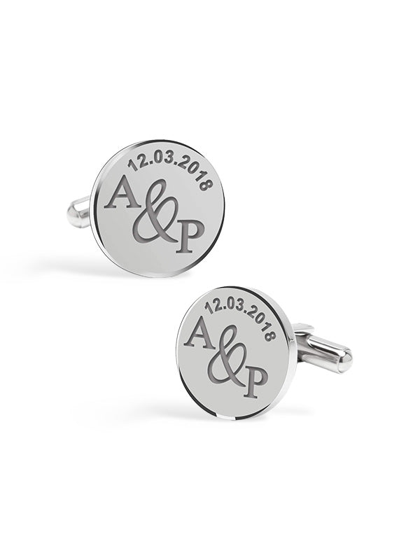 925 Sterling Silver Personalised Name and Date for Groom Engraved Round Cufflink for Men and Boys