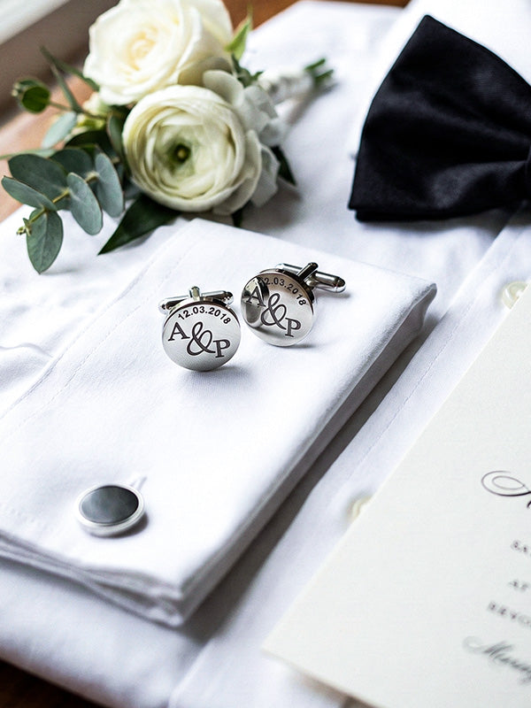 925 Sterling Silver Personalised Name and Date for Groom Engraved Round Cufflink for Men and Boys