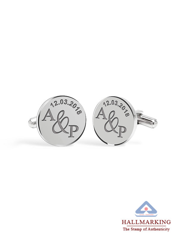 925 Sterling Silver Personalised Name and Date for Groom Engraved Round Cufflink for Men and Boys