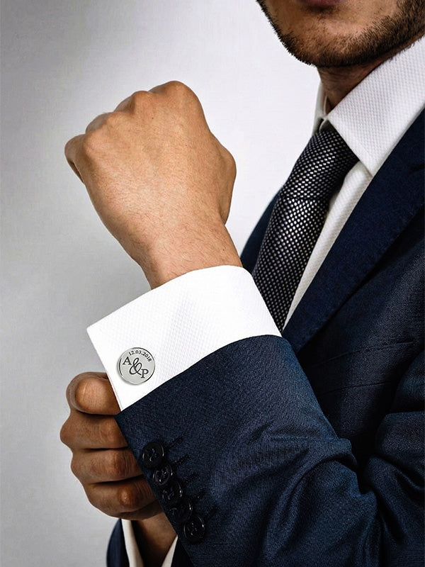 925 Sterling Silver Personalised Name and Date for Groom Engraved Round Cufflink for Men and Boys