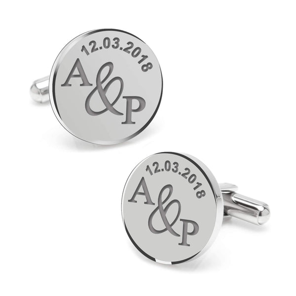 925 Sterling Silver Personalised Name and Date for Groom Engraved Round Cufflink for Men and Boys