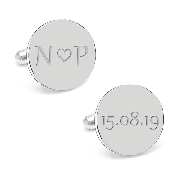 925 Sterling Silver Personalised Initial With Love Heart Engraved Cufflink for Men and Boys