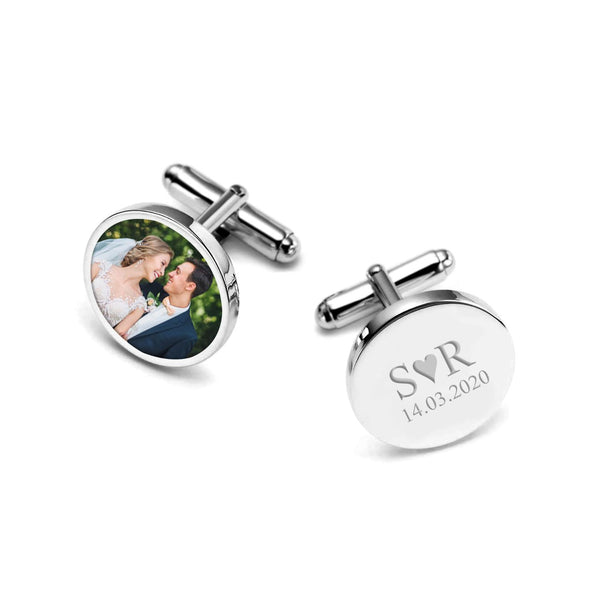 Personalised 925 Sterling Silver Photo Round Engraved Couple Initails and Date Customised Memorial Cufflinks for Men