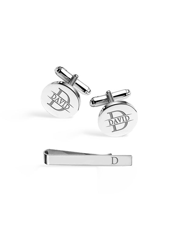 Personalised 925 Sterling Silver Engraved Initial or Name Designer Round Cufflinks and Tie Clip Set Collection Ideal for Men and Boys