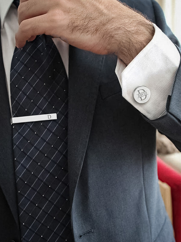 Personalised 925 Sterling Silver Engraved Initial or Name Designer Round Cufflinks and Tie Clip Set Collection Ideal for Men and Boys