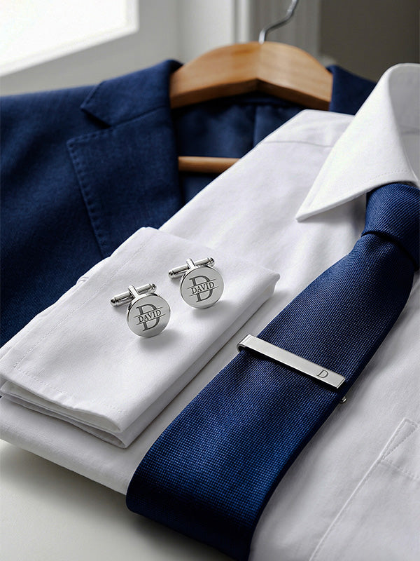 Personalised 925 Sterling Silver Engraved Initial or Name Designer Round Cufflinks and Tie Clip Set Collection Ideal for Men and Boys