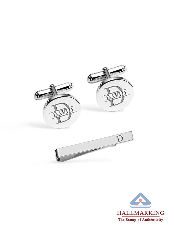 Personalised 925 Sterling Silver Engraved Initial or Name Designer Round Cufflinks and Tie Clip Set Collection Ideal for Men and Boys