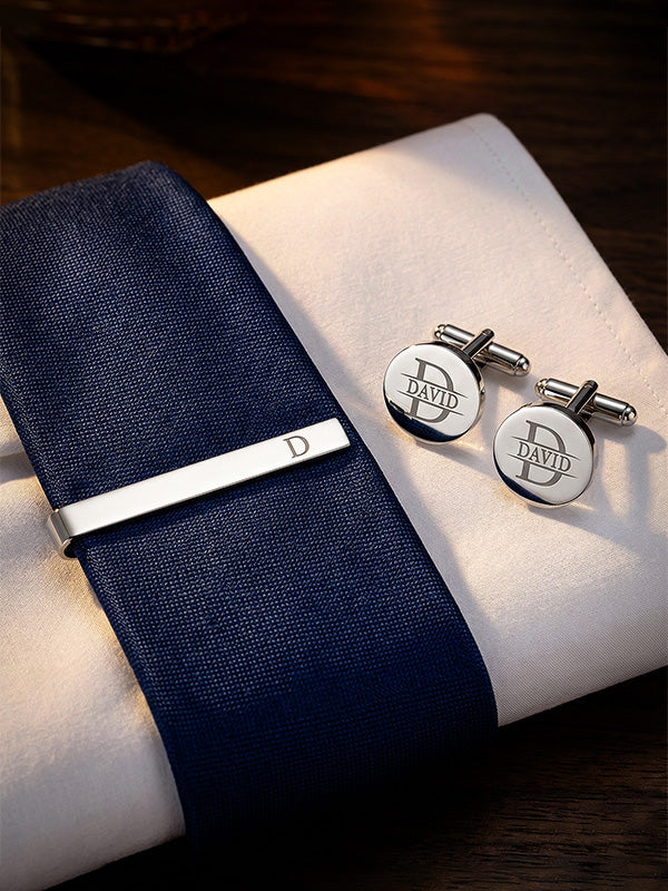 Personalised 925 Sterling Silver Engraved Initial or Name Designer Round Cufflinks and Tie Clip Set Collection Ideal for Men and Boys