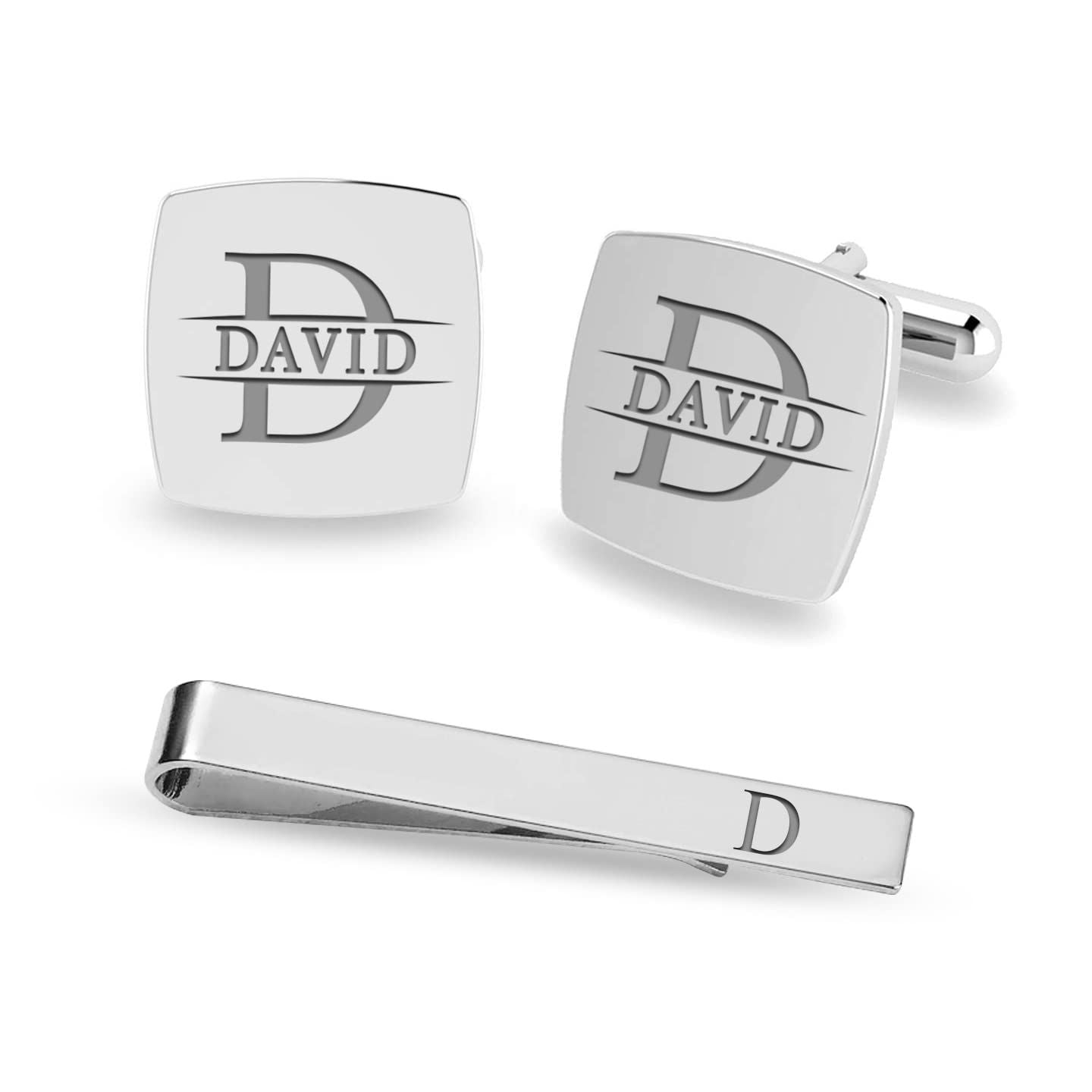 Personalised 925 Sterling Silver Engraved Initial or Name Designer Square Cufflinks and Tie Clip Set Collection Ideal Men and Boys
