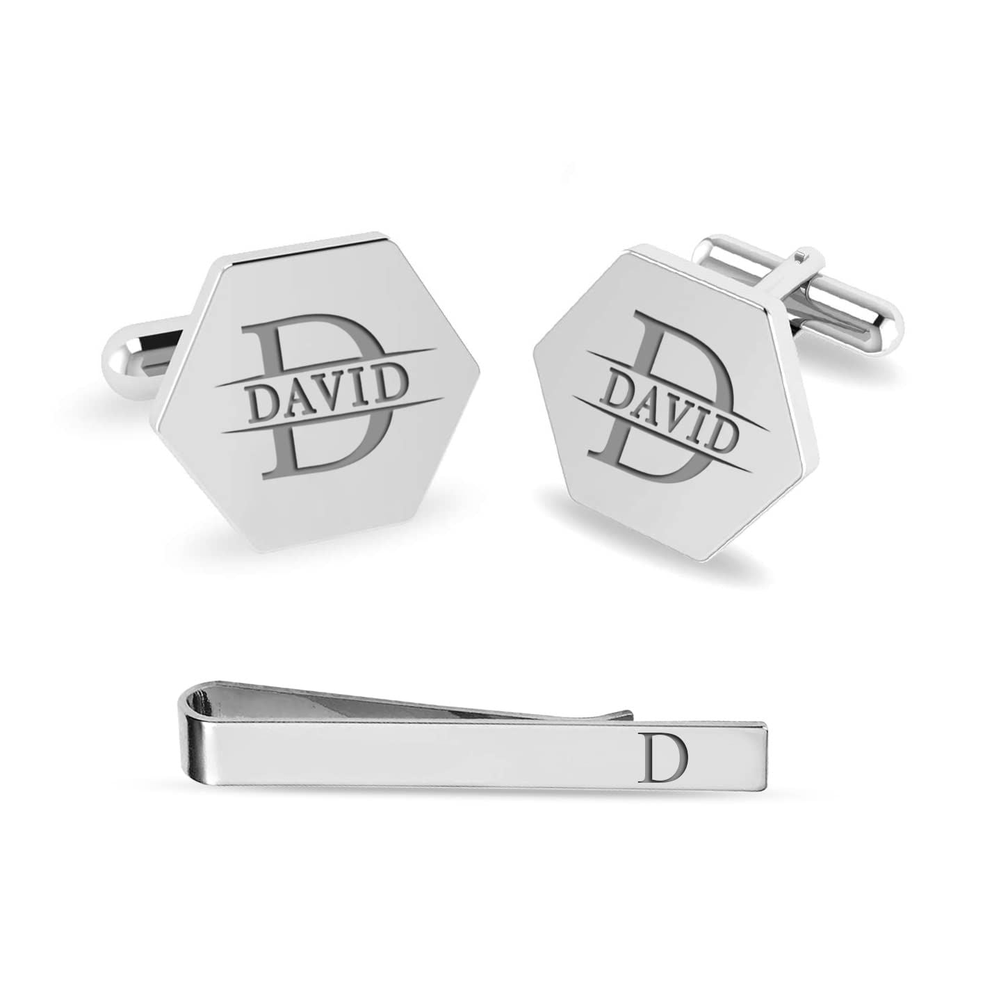 Personalised 925 Sterling Silver Engraved Initial or Name Designer Hexagon Cufflinks and Tie Clip Set Collection Ideal Men and Boys