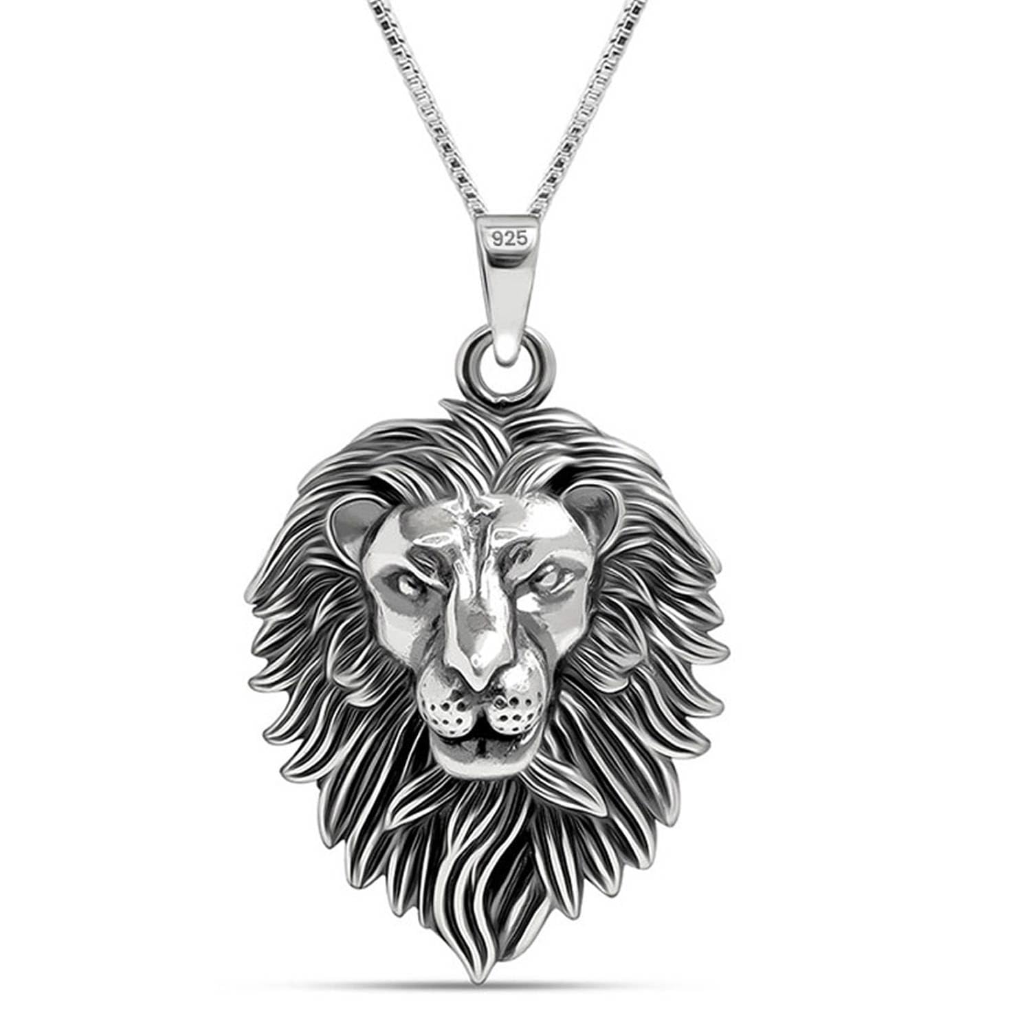925 Sterling Silver Oxidized Lion King Pendant Necklace for Men