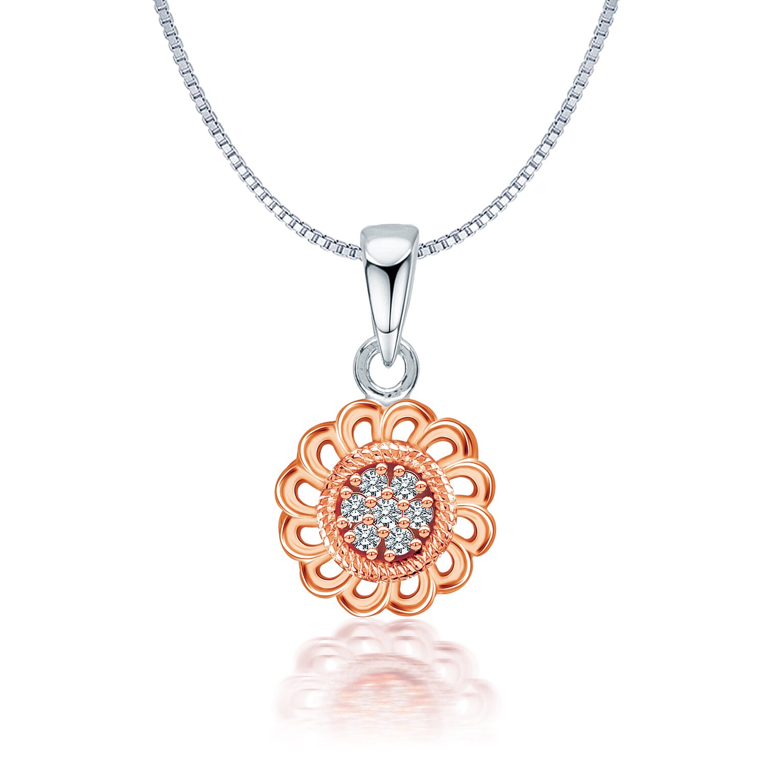 925 Sterling Silver Rose Gold-Plated Cubic Zirconia Ethnic Flower Diamond like Brilliance Sparkling Elegant Pendant Necklace for Women