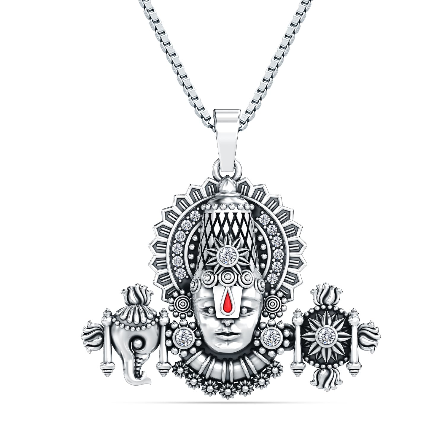 925 Sterling Silver CZ Lord Tirupati Balaji Locket Pendant Necklace for Men