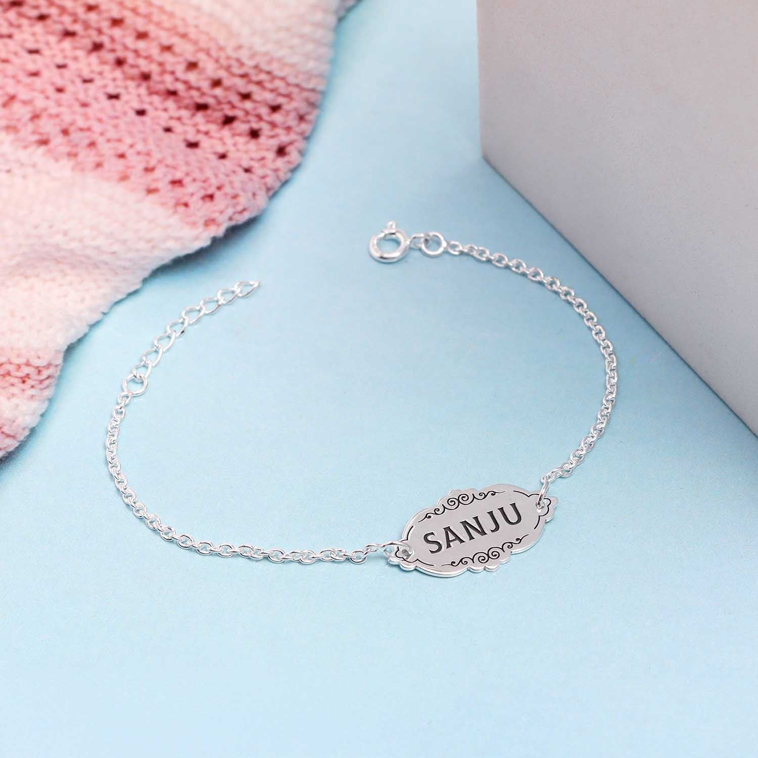 Personalised 925 Sterling Silver Name Designer With Cable Chain Rakhi Bracelet for Brother