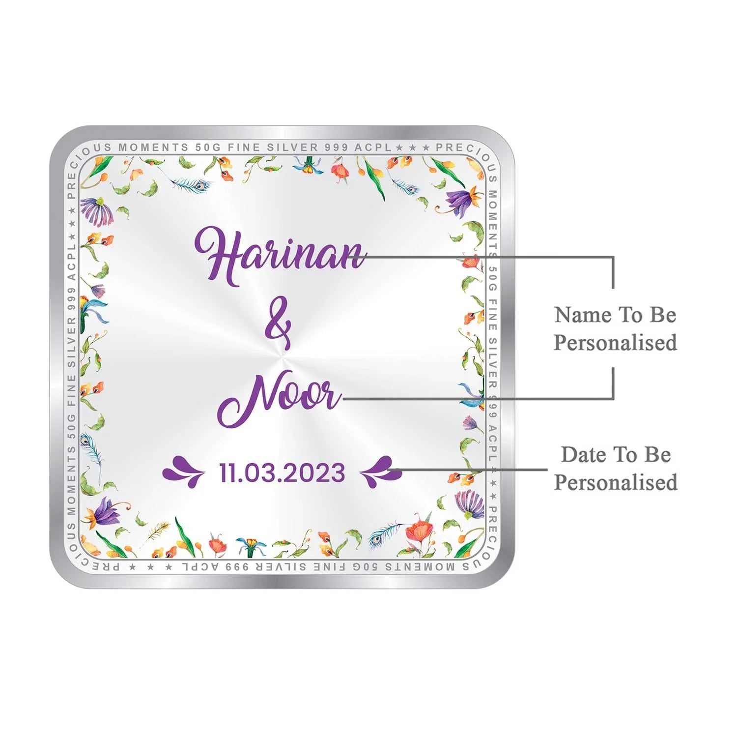 BIS Hallmarked Personalised Newly Married Anniversary Beautiful Square 999 Purity Silver Coin
