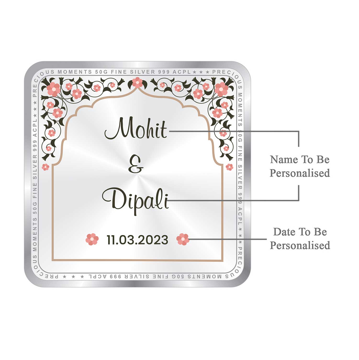 BIS Hallmarked Personalised Newly Married Anniversary Beautiful Square Silver Coin ( 999 Purity )