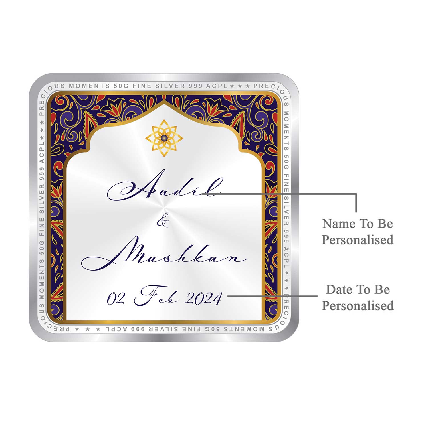 BIS Hallmarked Personalised Newly Married Anniversary Beautiful Square Silver Coin  ( 999 Pure )
