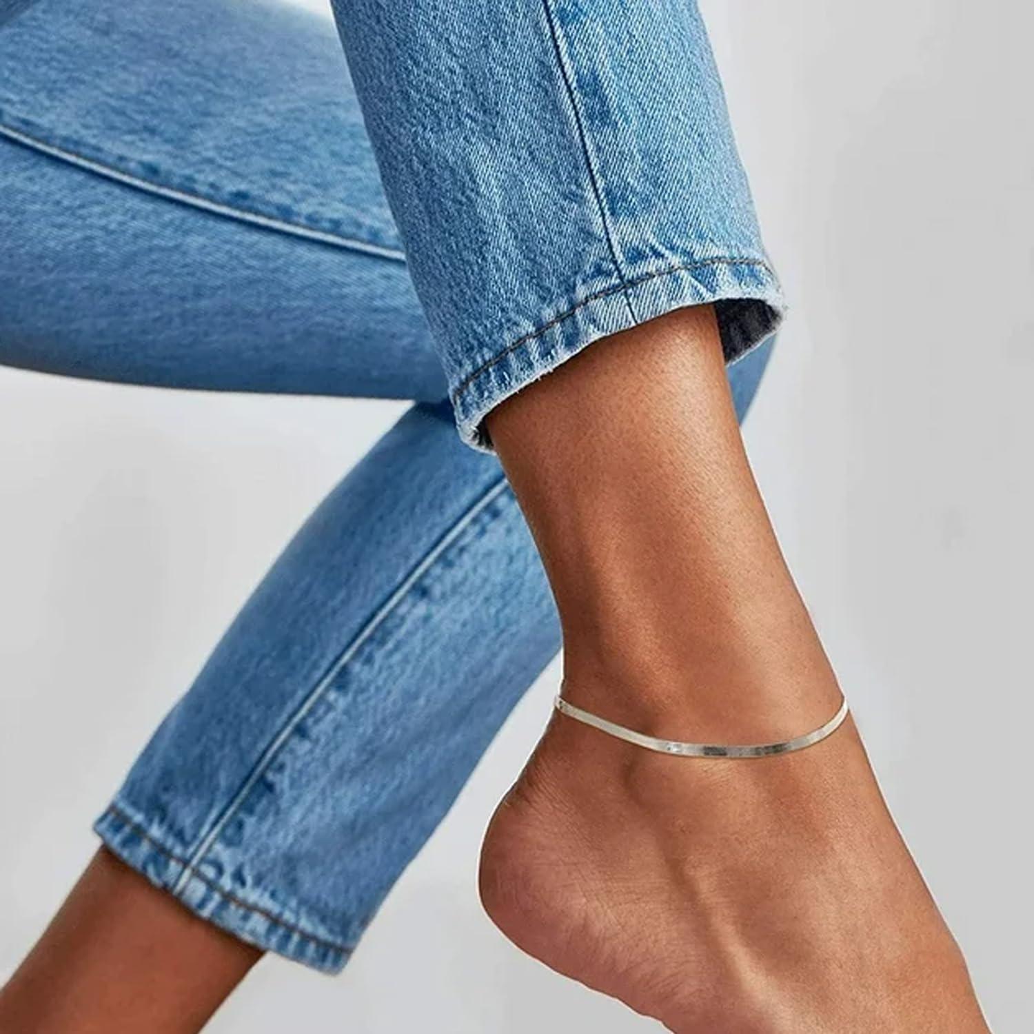 925 Sterling Silver Solid Flexible Flat Herringbone Lightweight Link Chain Anklet for Women (SINGLE ANKLET)