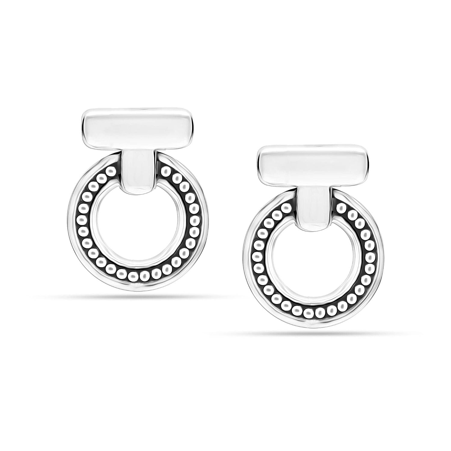 925 Sterling Silver Antique Caviar Circle Bar Omega Back Earrings for Women Teen