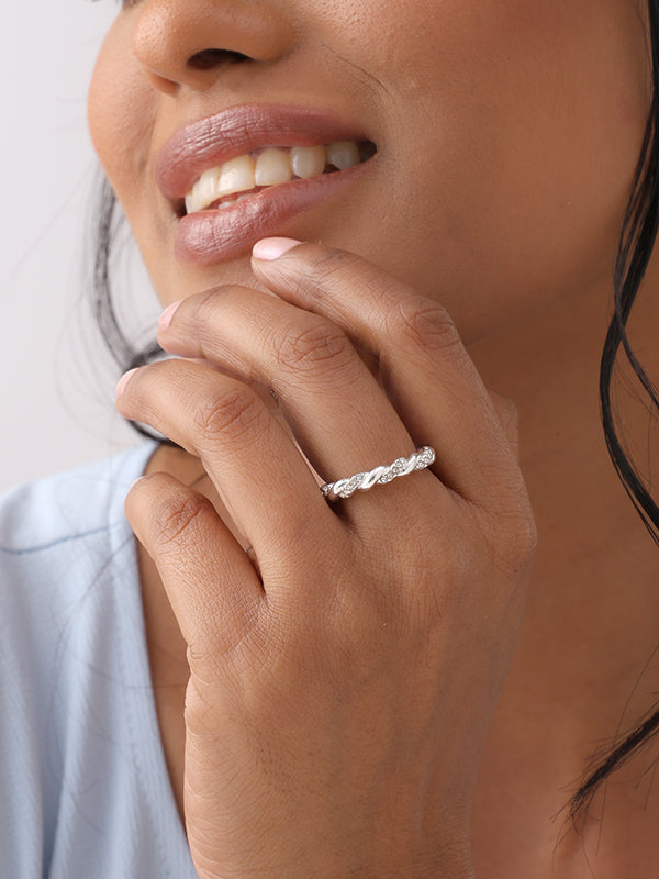Serene Twist CZ Silver Rope Ring