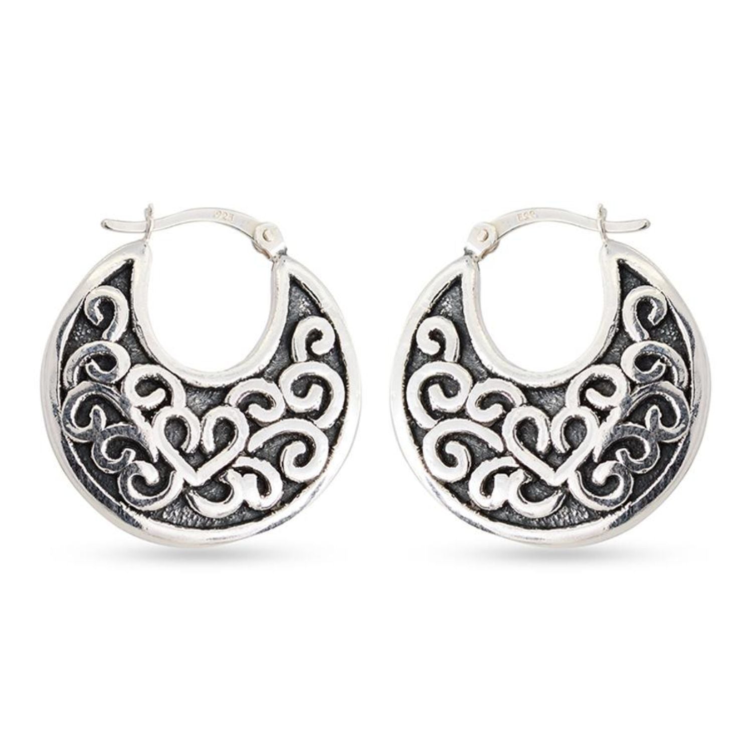 925 Sterling Silver Antique Finish Tribal Filigree Hoop Earrings for Women