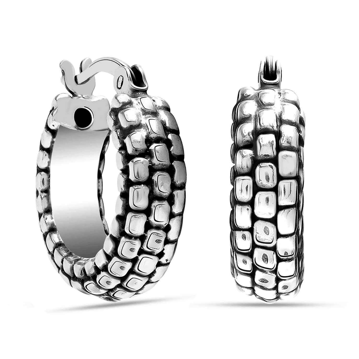 925 Sterling Silver Small Antique Chunky Classic Striped Textured Click-Top Hoop Earrings for Women Teen