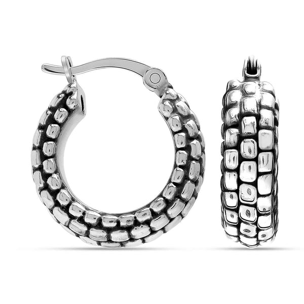 925 Sterling Silver Small Antique Chunky Classic Striped Textured Click-Top Hoop Earrings for Women Teen