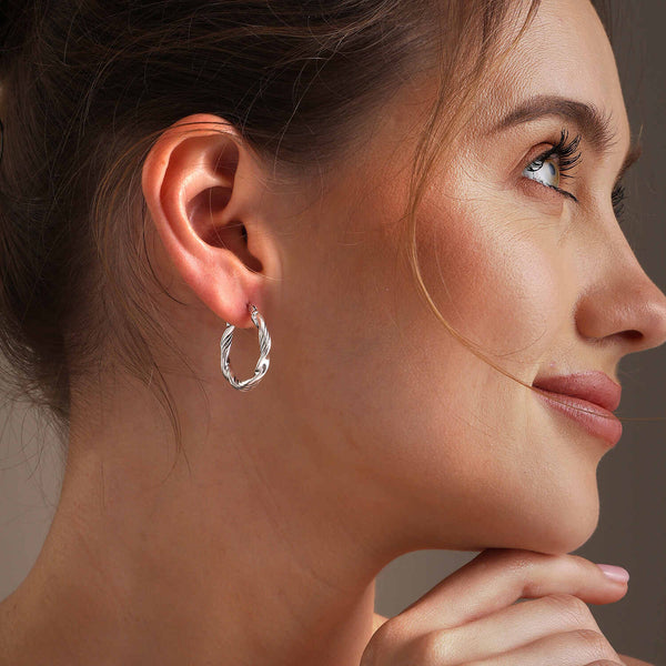 925 Sterling Silver Twisted Textured Round Shape Click-Top Hoop Earrings for Women