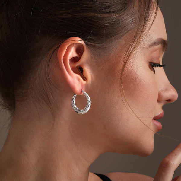 925 Sterling Silver Round Spiral Textured Hoop Earrings for Women