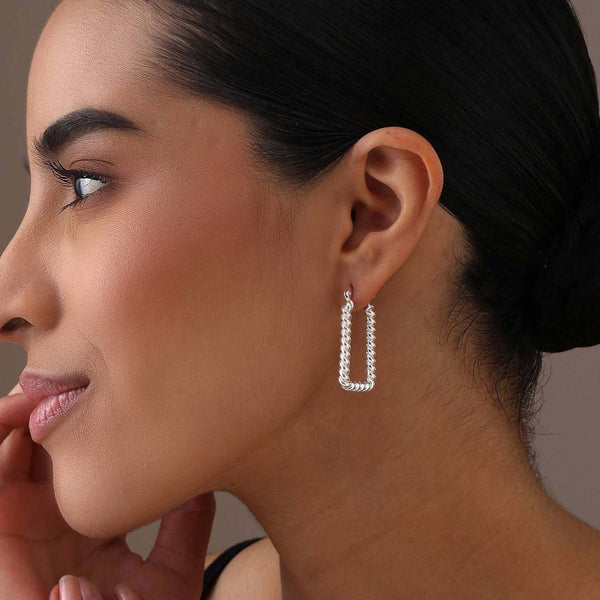 925 Sterling Silver Twisted Textured Rectangle U-Shape Click-Top Hoop Earrings for Women