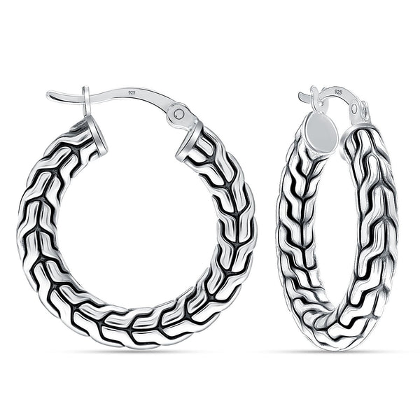 925 Sterling Silver Antique Bali-Inspired Textured Classic Carved Hoop Earrings for Women