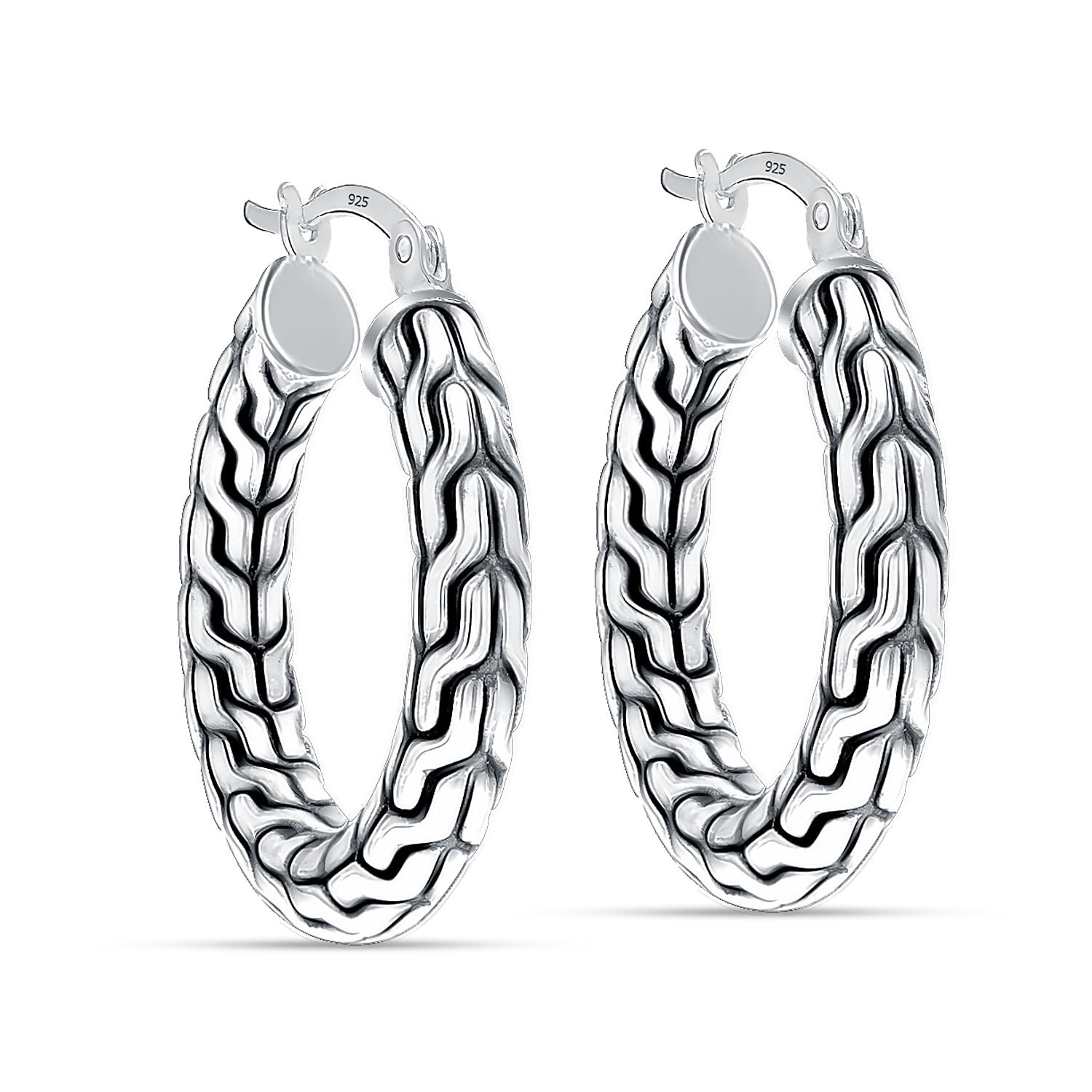 925 Sterling Silver Antique Bali-Inspired Textured Classic Carved Hoop Earrings for Women