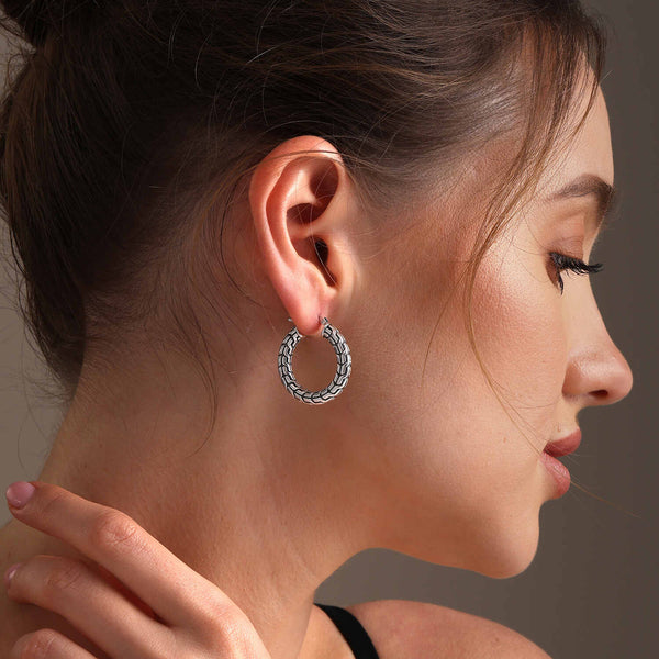 925 Sterling Silver Antique Bali-Inspired Textured Classic Carved Hoop Earrings for Women