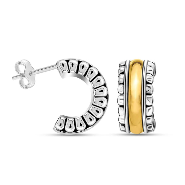 925 Sterling Silver Gold-tone Polished and Antique Two-Tone Textured Vintage Half Hoop Earrings for Women