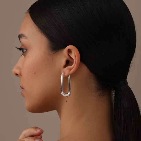 925 Sterling Silver Large Handmade Classic Rectangular Shaped Click-Top Hoop Earrings for Women