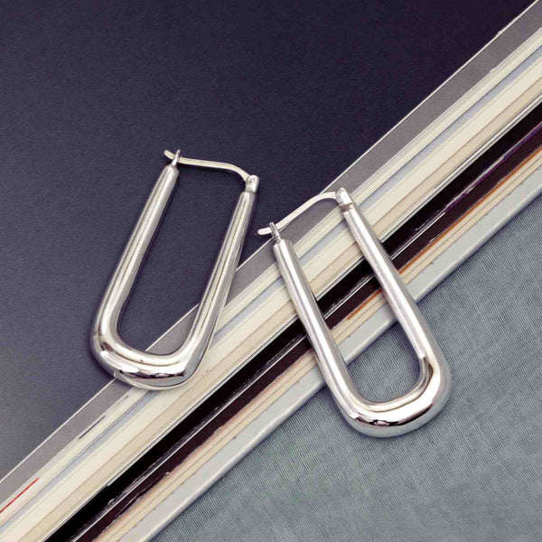 925 Sterling Silver Large Handmade Classic Rectangular Shaped Click-Top Hoop Earrings for Women