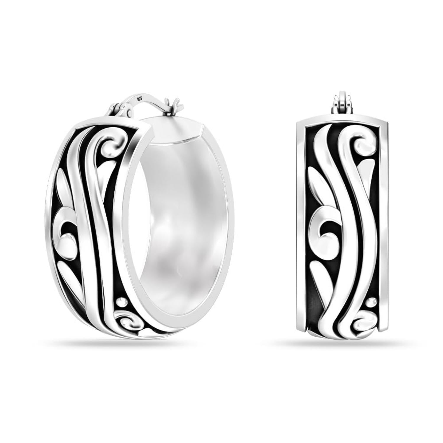 925 Sterling Silver Antique Waved Filigree Lightweight Bali Style Chunky SMALL Click-Top Hoop Earrings for Women
