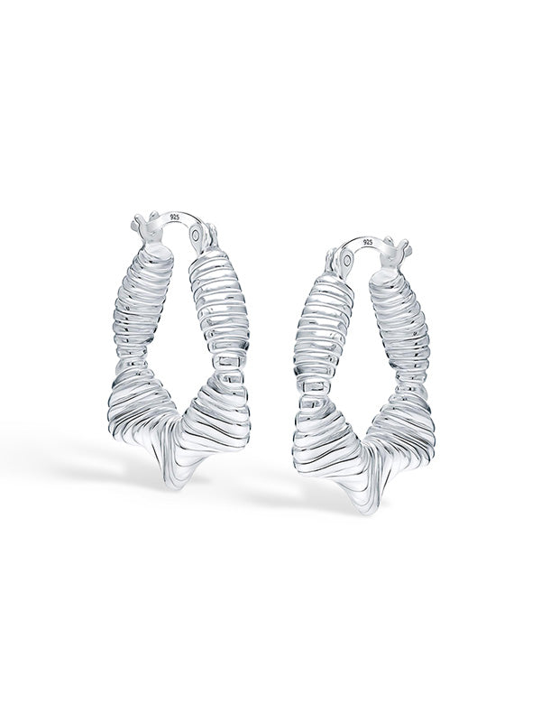 Pair of silver hoop earrings on a white background