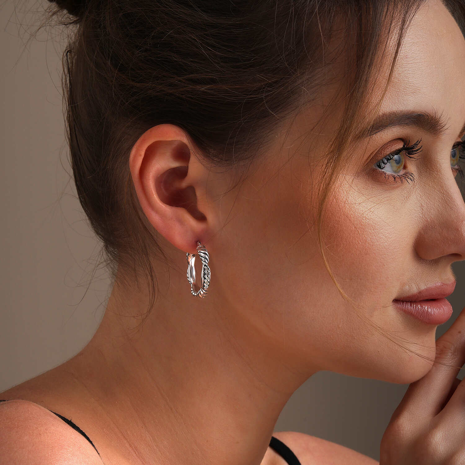 925 Sterling Silver Cubic Zirconia Polished Textured Click-Top Hoop Earrings for Women